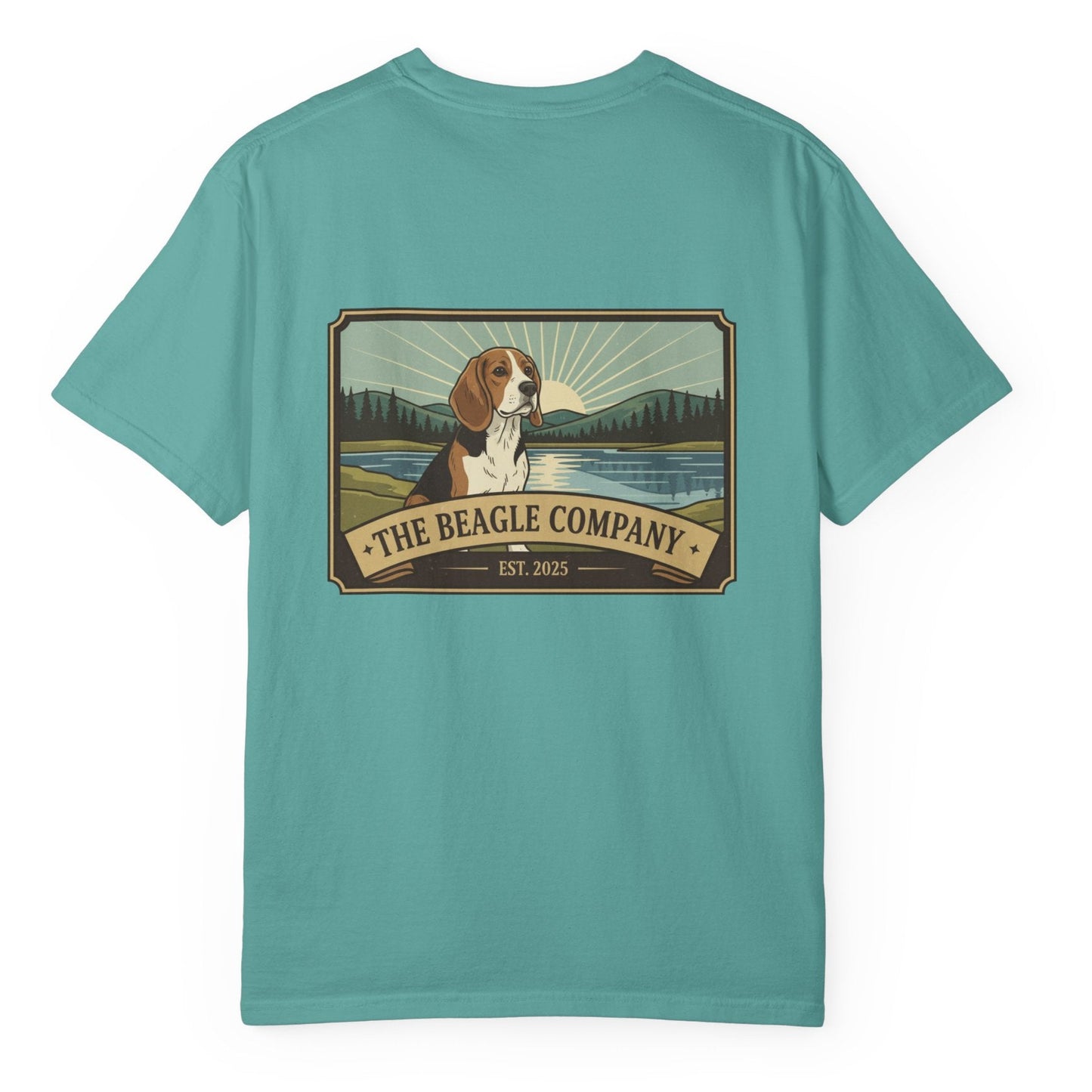 Teal t-shirt with a graphic of a beagle and 'The Beagle Company' logo on a white background