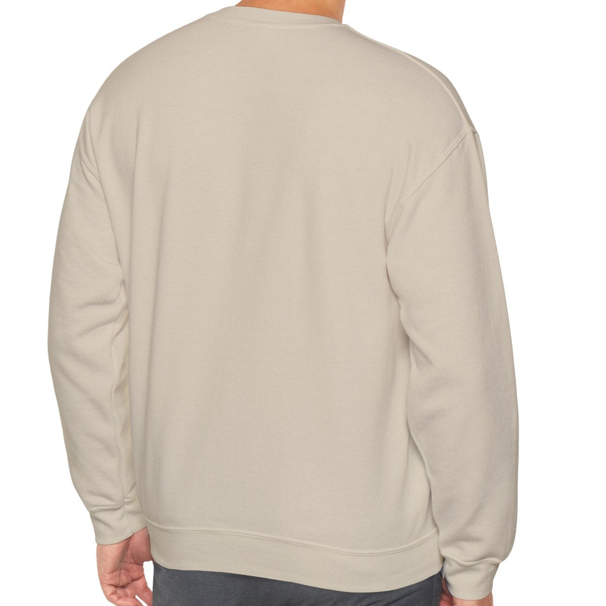 Back view of model wearing sand color unisex sweatshirt