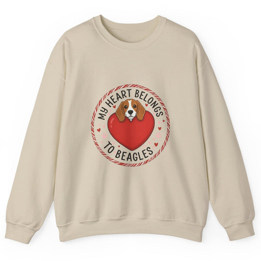 Front view of sand color sweatshirt with ‘My Heart Belongs to Beagles’ Valentine design