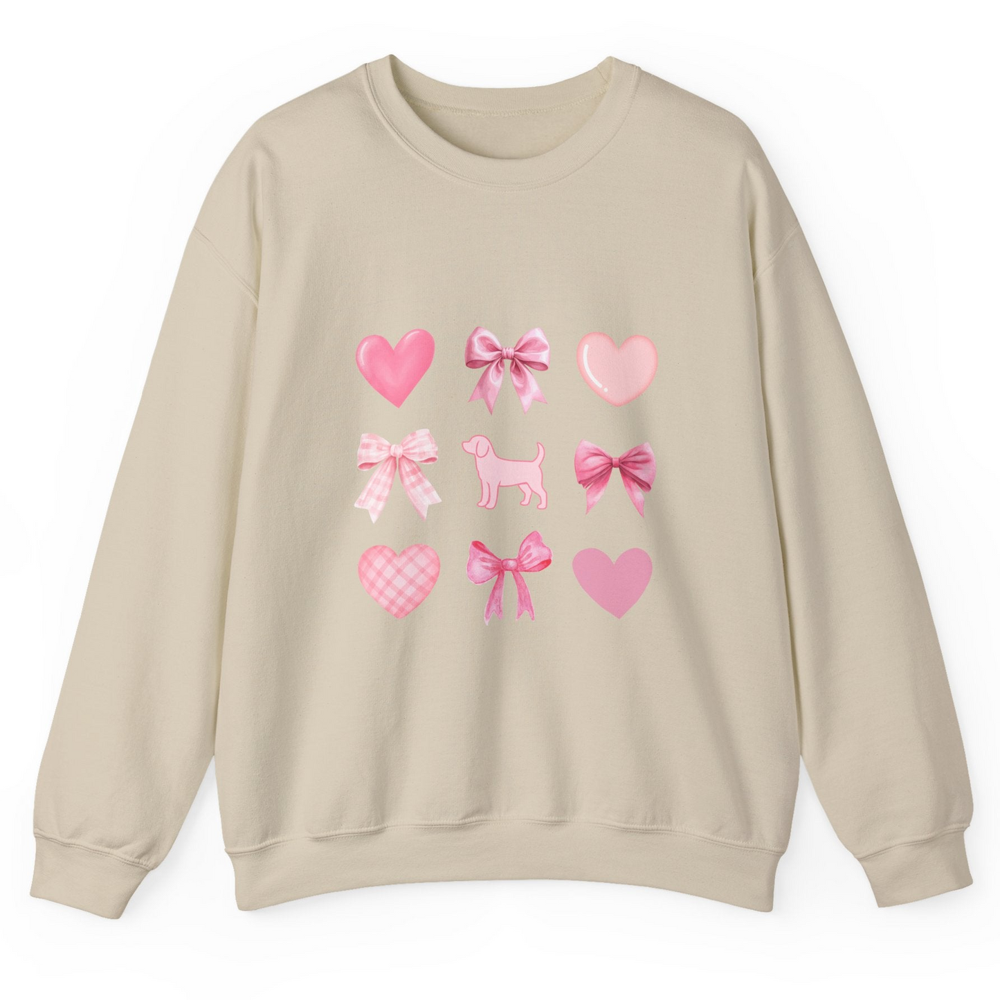 Front view of sand color unisex sweatshirt with heart, bow, beagle design