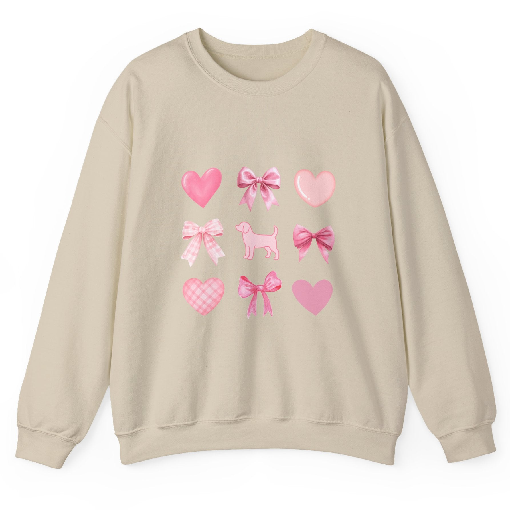 Front view of sand color unisex sweatshirt with heart, bow, beagle design