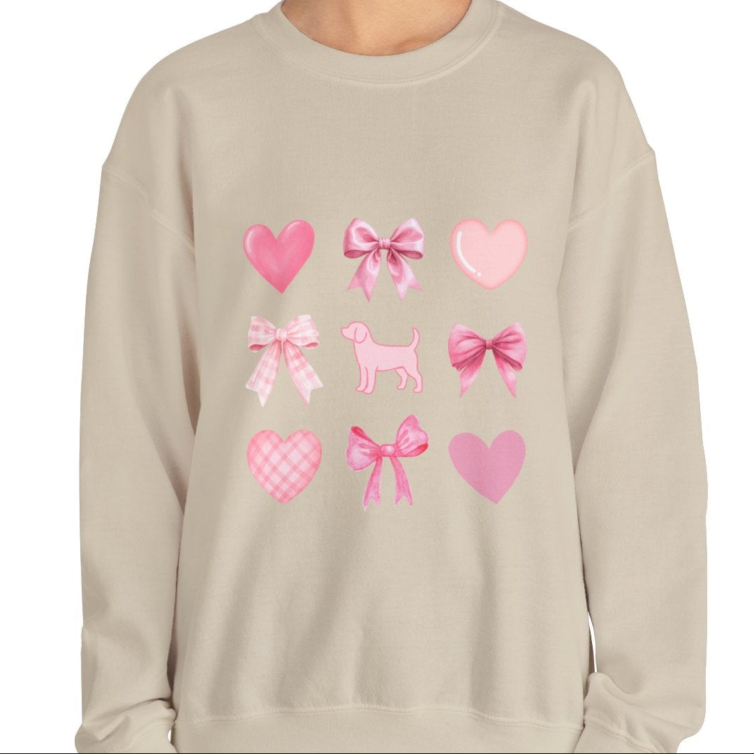 Front view of sand color unisex sweatshirt with heart, bow, beagle design on female model