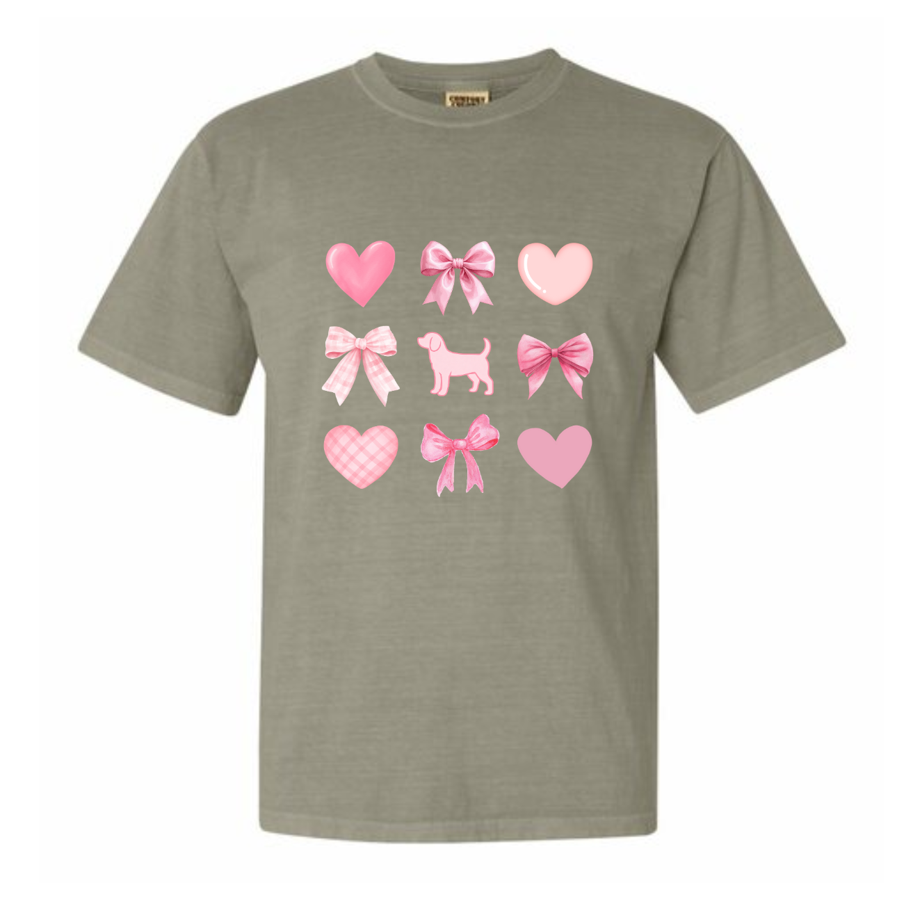 Front of sandstone short sleeve shirt with pink hearts, bows, and a beagle graphic