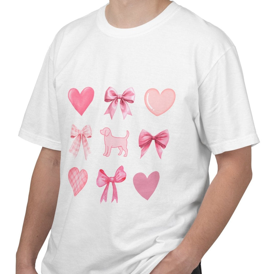 Front of white short sleeve shirt with pink hearts, bows, and a beagle graphic male model