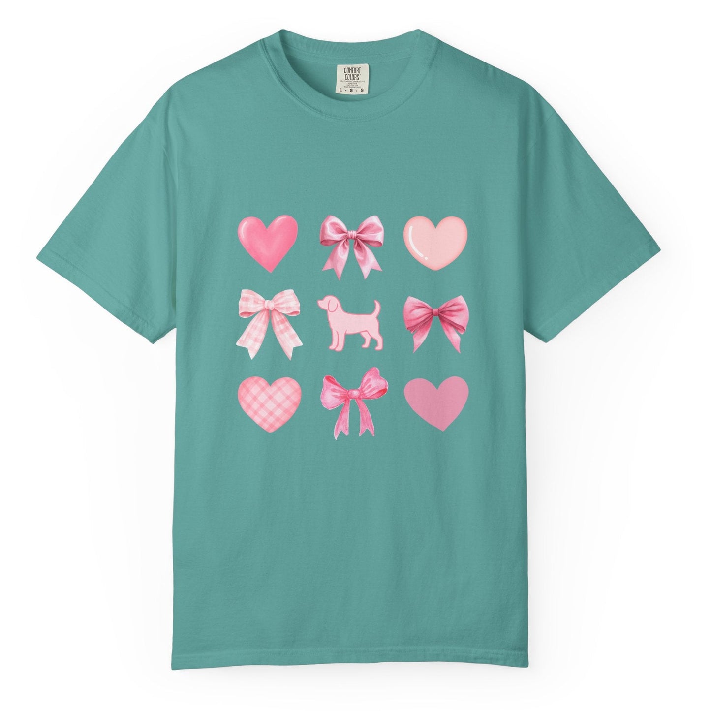 Front of seafoam short sleeve shirt with pink hearts, bows, and a beagle graphic