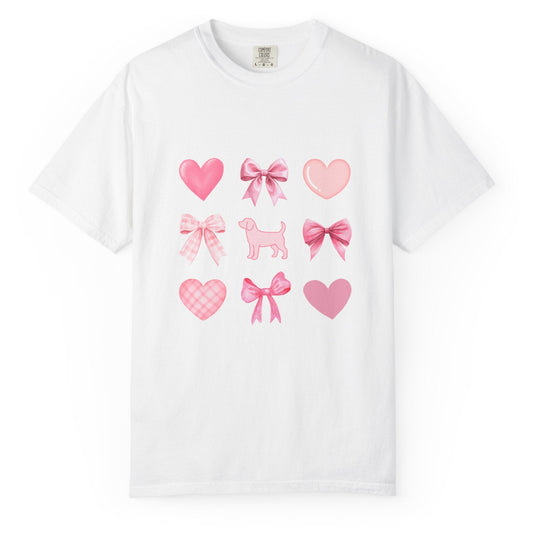 Front of white short sleeve shirt with pink hearts, bows, and a beagle graphic